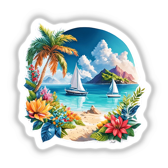 Tropical beach scene with sailboats, palm trees, and vibrant flowers