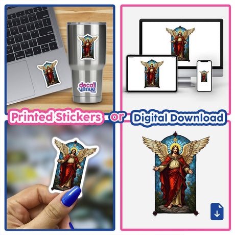 Stained Glass Archangel Michael Clipart with Commercial Rights & Christian Sticker, featuring a collage with angels, laptops, and religious motifs, available as unique stickers or digital artwork from Decal Venue.
