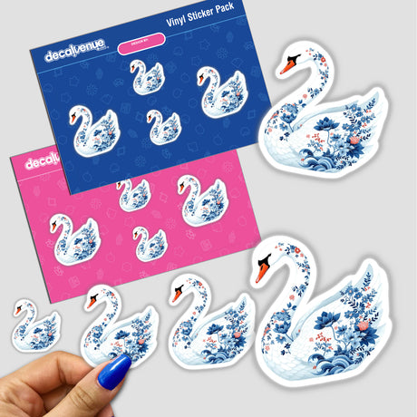 Chinoiserie Swan stickers featuring a graceful white swan adorned with blue flowers, captured in a charming, cartoon-style design. Available as stickers or digital artwork from Decal Venue.