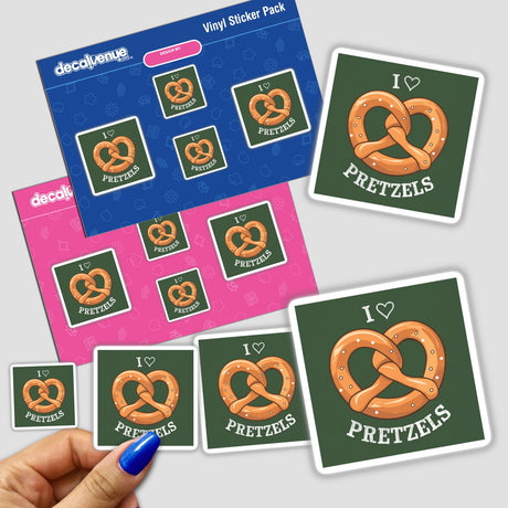 Colorful digital artwork of pretzel stickers featuring an iconic heart-shaped pretzel design, displayed in a vinyl sticker pack from Decal Venue, an online store offering unique stickers and digital art.