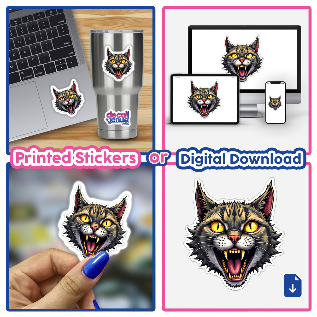 Collage showing a laptop with a Gato Tigrado cat face sticker, a person painting nails, and various cat-themed stickers, reflecting Decal Venue's unique sticker and digital art offerings.