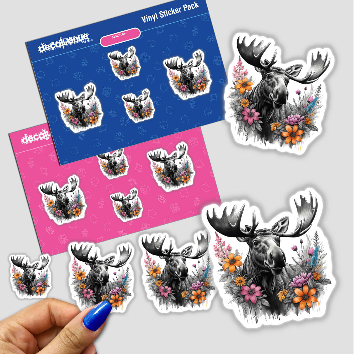 Moose Portrait Floral Accent - Vibrant digital download stickers featuring a detailed moose portrait surrounded by colorful floral accents, available on the Decal Venue store.