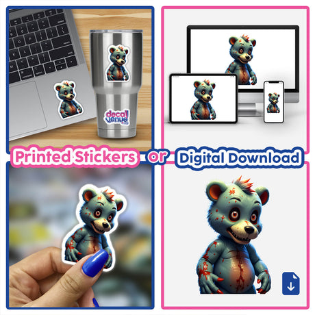 Collage featuring A Macabre Scary Bear sticker and digital artwork, showcasing a cartoon zombie bear on a laptop, highlighting Decal Venue's unique vinyl sticker and digital art offerings.