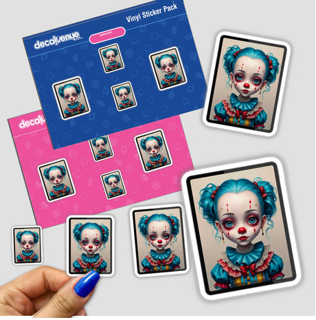 Blue Sweet Clown sticker featuring a doll-faced clown with blue hair, teal eyes, and red makeup, exuding dark whimsy in vintage ruffles; available as a vinyl sticker or digital art.