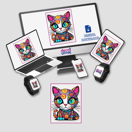 Fat Cat Of Many Colors depicted on a computer monitor and laptop screen, showcasing its whimsical, swirl-adorned design. Available as stickers or digital artwork from Decal Venue.