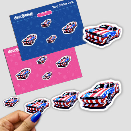 Sticker pack featuring 'A Cool American Flag Muscle Car' design, held in hand. Available as stickers or digital artwork, highlighting unique vinyl sticker craftsmanship from Decal Venue.
