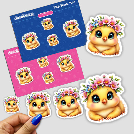 Cute Chick Wearing a Floral Crown sticker being held, featuring a cartoon chick adorned with flowers, perfect for adding charm to any space from Decal Venue's unique vinyl collection.
