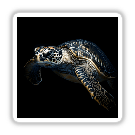 Cinematic Sea Turtle Portrait on Black Background, featuring a close-up of a sea turtle swimming, available as stickers or digital artwork from Decal Venue.