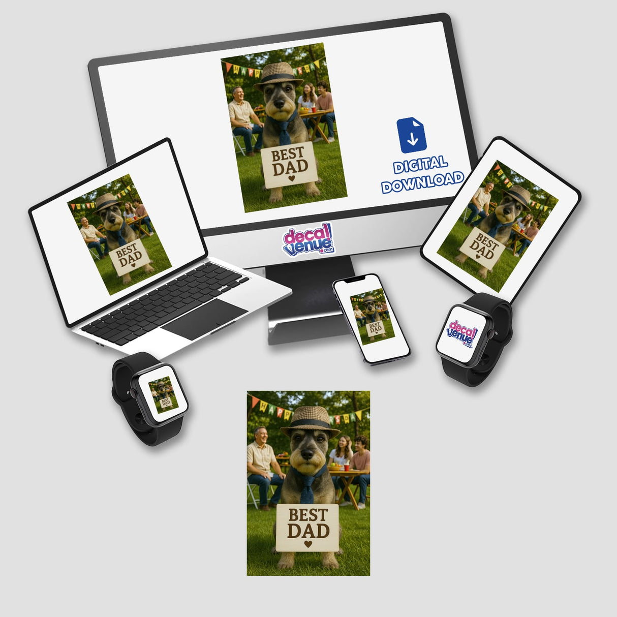 Best Dad Schnauzer – Father's Day Dog at Family Party Scene features a schnauzer in a tie on a computer monitor and laptop, ideal for stickers or digital artwork.