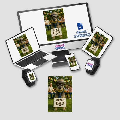 Best Dad Schnauzer – Father's Day Dog at Family Party Scene features a schnauzer in a tie on a computer monitor and laptop, ideal for stickers or digital artwork.
