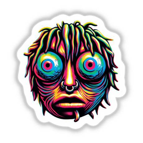 Psychedelic Digital Art Sticker with Colorful Surreal Face and Large Eyes