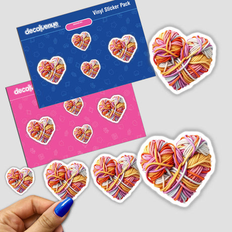 Yarn Heart sticker pack featuring heart-shaped designs made of colorful yarn, available as unique stickers or digital artwork from Decal Venue.