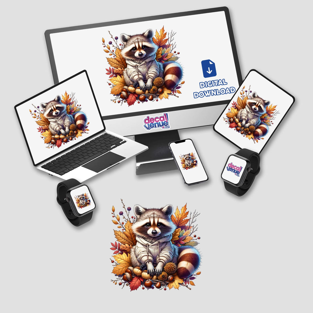 Autumn Raccoon in Cozy Sweatshirt depicted on a computer monitor and laptop screen, available as stickers or digital artwork from Decal Venue.