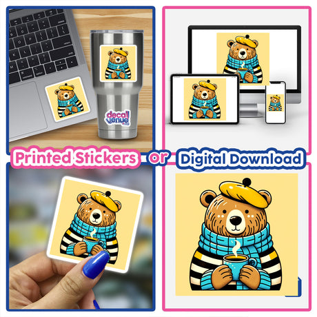 Cozy Bear with Beret and Tea Cup sticker collage, featuring cartoon bears holding coffee cups, available as stickers or digital artwork from Decal Venue.