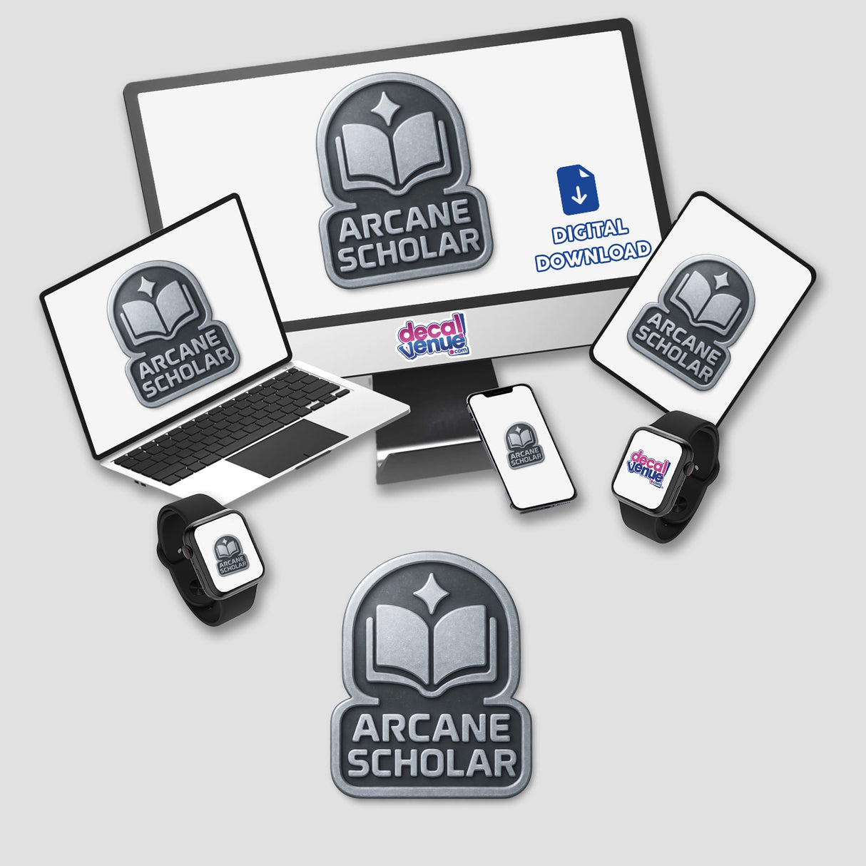 Arcane Scholar – RPG-Style Skill Badge: Silver magical icon available as vinyl stickers or digital artwork, featuring intricate design elements reflecting its mystical theme from Decal Venue's unique collection.