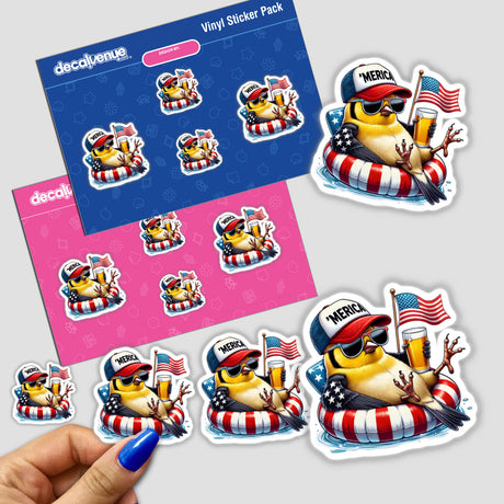 Sticker pack featuring a Goldfinch bird with sunglasses, holding an American flag and a drink, on a float. Available as stickers or digital artwork.