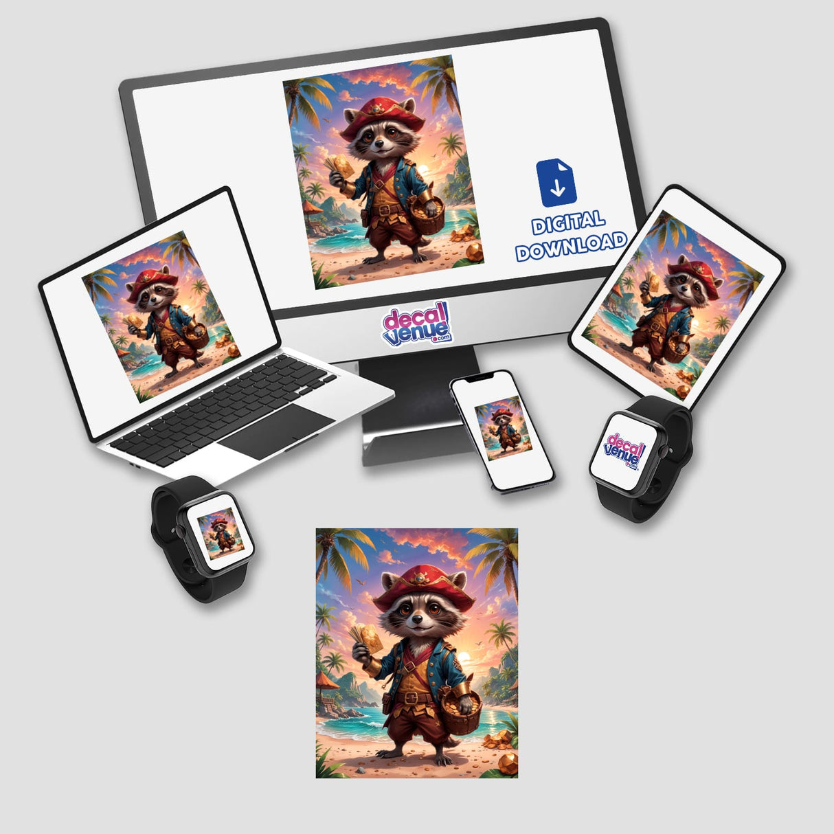 Cute Fantasy Raccoon Pirate cartoon displayed on a laptop, monitor, and gadgets, available as stickers or digital artwork, capturing whimsical charm for Decal Venue's unique vinyl collection.