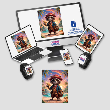 Cute Fantasy Raccoon Pirate cartoon displayed on a laptop, monitor, and gadgets, available as stickers or digital artwork, capturing whimsical charm for Decal Venue's unique vinyl collection.