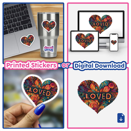 Colorful heart-shaped digital artwork with the word "LOVED" and vibrant floral patterns, displayed on various devices and products from the Decal Venue store.