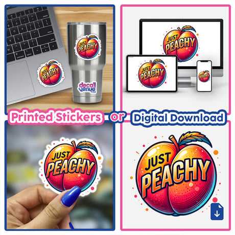 Collage featuring Peach Just Peachy stickers and digital artwork for laptops, with close-ups of logos, fingers applying stickers, and laptop screens.