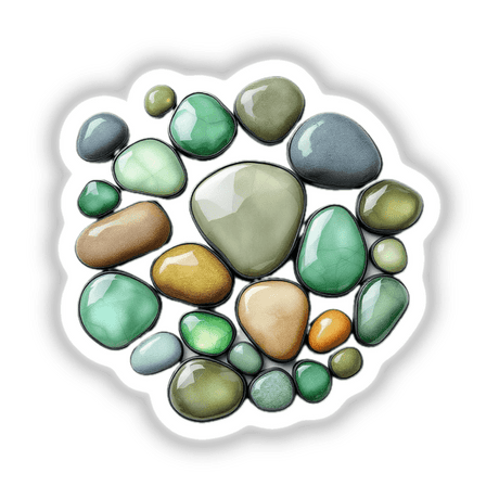 River Stones Stained Glass Style stickers or digital artwork showcasing various shaped stones in intricate detail, reflecting a stained glass aesthetic.