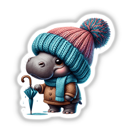 Hippo Gnome with Umbrella wearing a cozy knitted hat and scarf, available as stickers or digital art.