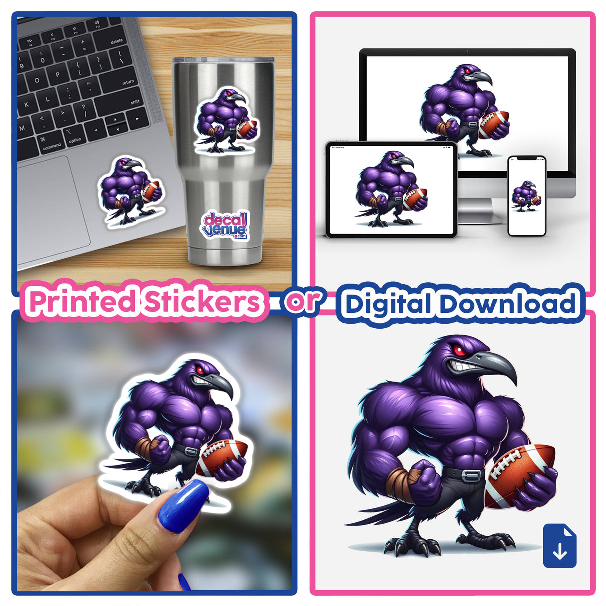 Mean Purple Raven Football Bird collage featuring stickers, a laptop, and artwork. The raven holds a football in various cartoon styles, embodying Decal Venue's unique sticker and digital art offerings.