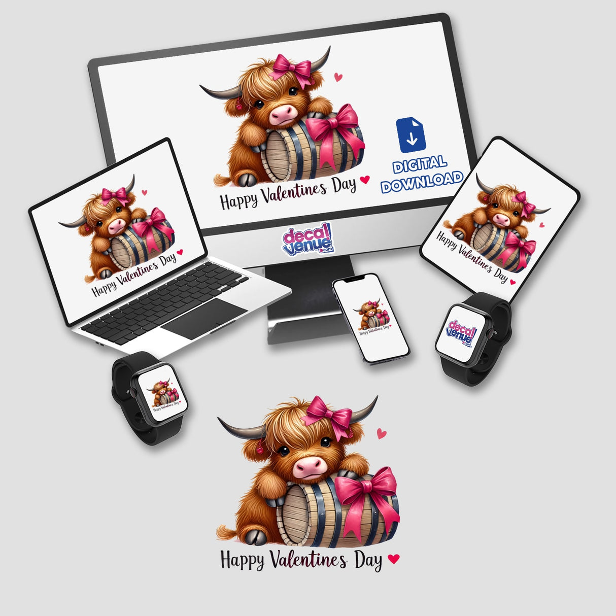 Highland Cow in Valentine’s Day Barrel digital art featuring a cartoon cow with a bow on a barrel, ideal as a charming sticker or digital download from Decal Venue.
