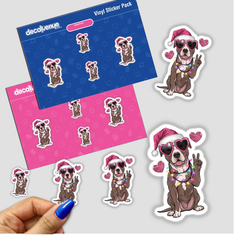 Christmas Santa Pitbull Dog Peace Sign III sticker featuring a cartoon pitbull in a Santa hat and sunglasses, holding a peace sign, perfect for holiday-themed decorations or digital art.