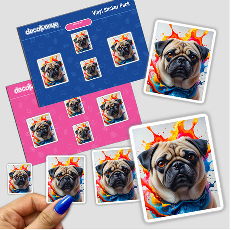 A sticker pack featuring a cute pug animal portrait, highlighting a detailed dog face, available as vinyl stickers or digital artwork from Decal Venue.