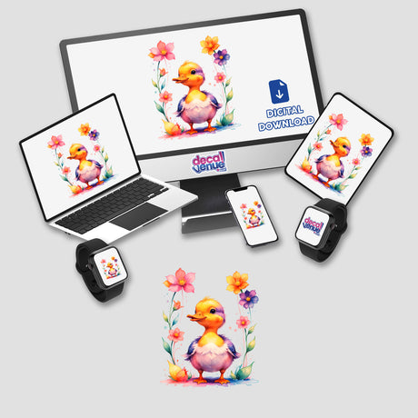 A Cute Baby Duck With Blooming Flowers displayed on a computer monitor and laptop, available as stickers or digital artwork from Decal Venue.