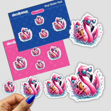 Flamingo Ice Cream Cone Splash sticker features a cartoon flamingo with sunglasses and an ice cream cone, embodying Decal Venue's unique vinyl style.