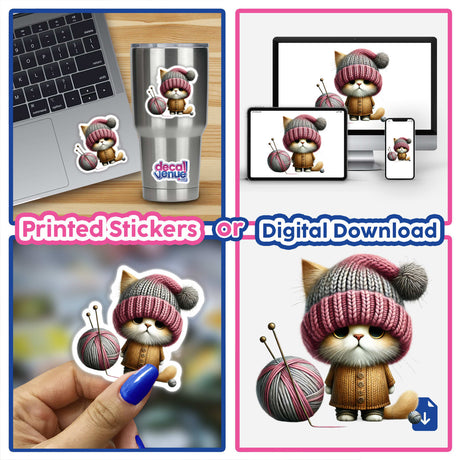 Collage of a cat gnome with a ball of yarn, featuring close-ups of a cat wearing a knitted hat and sweater. Available as Stickers or Digital Artwork from Decal Venue.