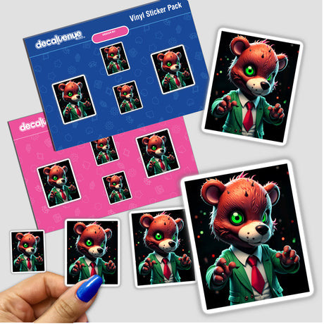 Macabre Scary Bear sticker features a cartoon bear in a suit with a red tie, holding out its hands, capturing the unique vibe of Decal Venue's vinyl sticker collection.