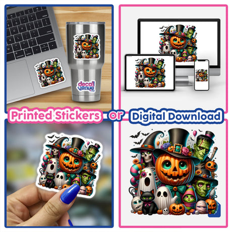 Halloween Family of Characters - Available as printed stickers for laptops and mugs or as a digital download for various devices. Halloween-themed digital art featuring a pumpkin, ghost, witch, and other cute characters.