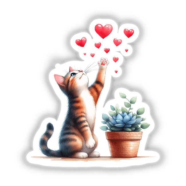 Adorable Watercolor Cat Catching Hearts - Whimsical Digital Artwork