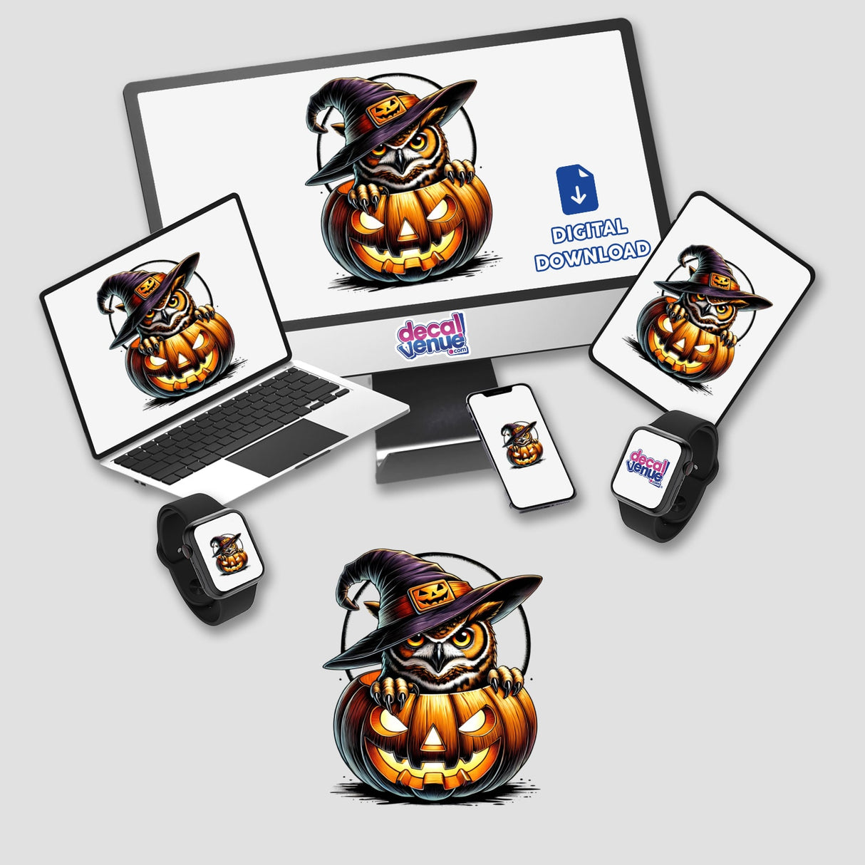 Spooky Halloween owl peeking out of jack-o-lantern pumpkin, available as digital artwork and decals from Decal Venue store