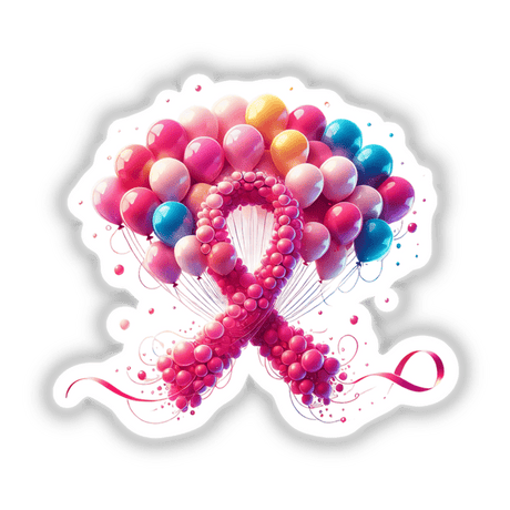 Balloons Pink Ribbon Breast Cancer artwork features a pink ribbon surrounded by colorful balloons, available as stickers or digital art.