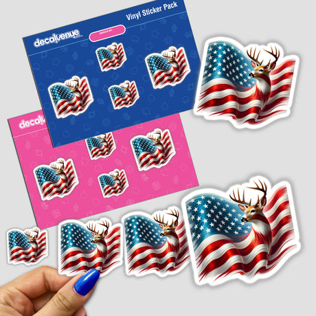 Sticker pack titled Patriotic Deer American Flag Stars Stripes, featuring designs with a deer and American flag, available as stickers or digital artwork.