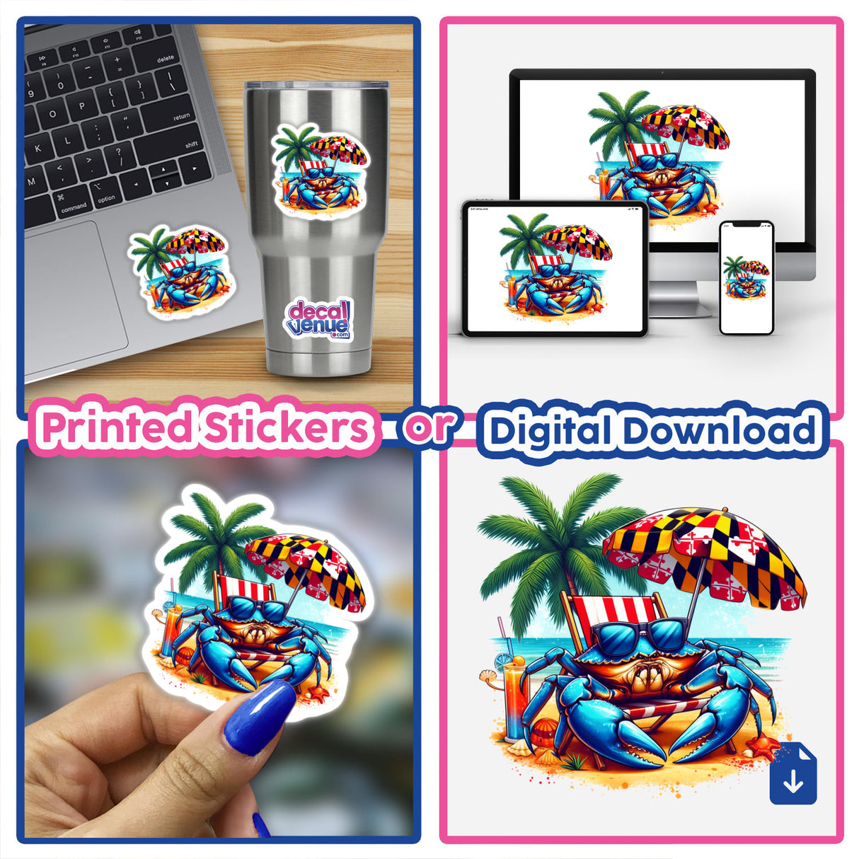 Maryland Shore Blue Crab Sitting on Beach III sticker features a blue crab lounging under a Maryland flag umbrella, perfect for summer vibes or digital projects.