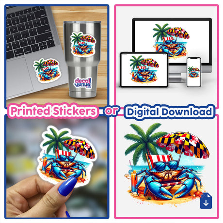 Maryland Shore Blue Crab Sitting on Beach III sticker features a blue crab lounging under a Maryland flag umbrella, perfect for summer vibes or digital projects.