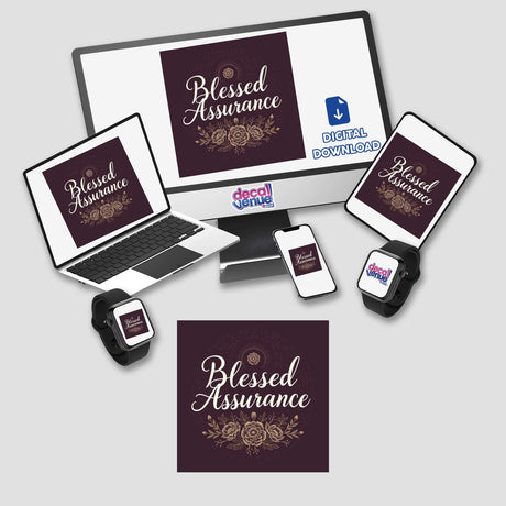 Blessed Assurance Hymn Typography Design Sticker or Clipart with Commercial Rights, featuring a computer monitor, laptop, and phone displaying floral graphics and logos, highlighting its digital versatility.
