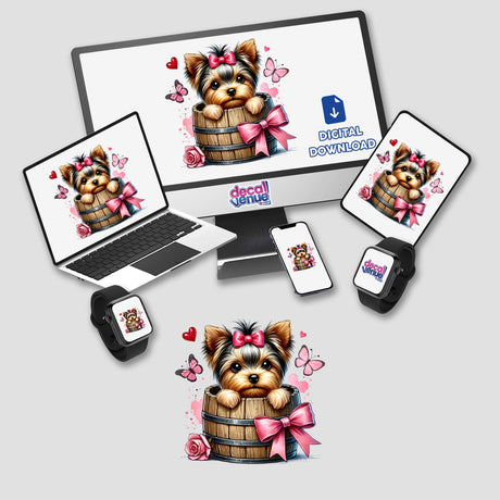 Yorkie Dog in a Barrel digital artwork shown on a computer monitor and laptop. The image features a cartoon dog in a barrel, available as stickers or digital artwork.