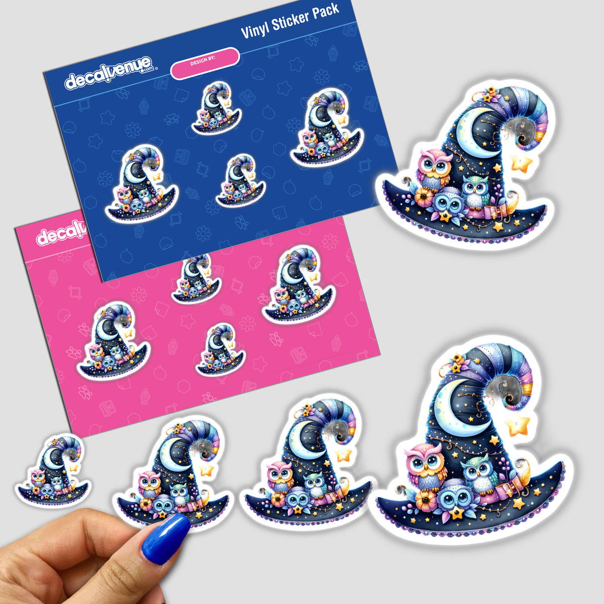 Halloween Hat with Owls and Stars sticker pack featuring cartoon owls in hats and various whimsical designs, available as unique stickers or digital artwork from Decal Venue.