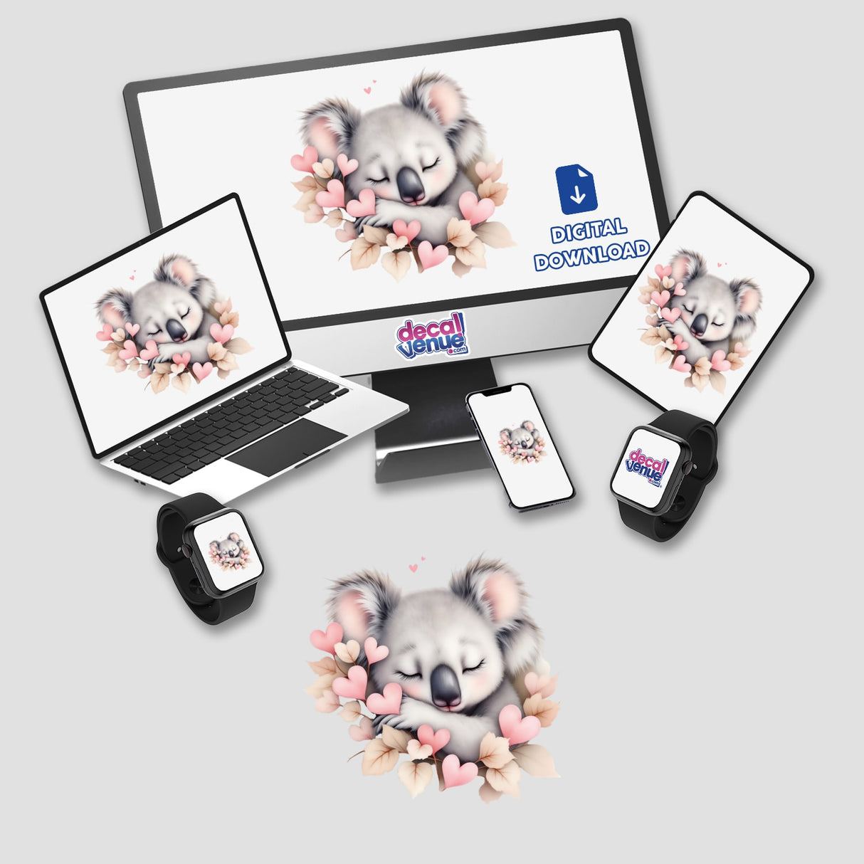 Sleeping Koala with Heart-Shaped Leaves: A whimsical sticker and digital art piece featuring a serene koala nestled among heart-shaped leaves, perfect for personalizing laptops or enhancing digital spaces.