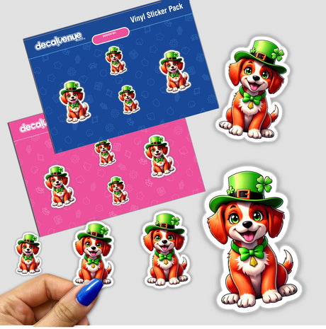 St. Patrick's Day Puppy stickers featuring cartoon dogs in green hats, available as vinyl decals or digital artwork from Decal Venue.
