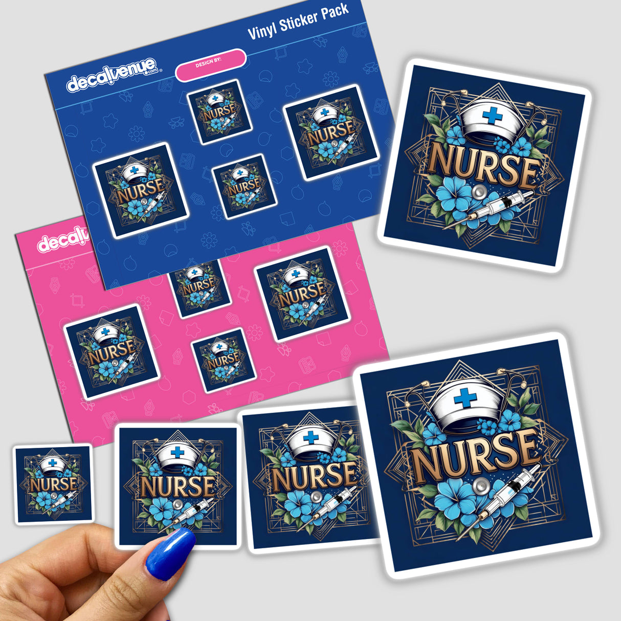 Art Deco Nurse Tribute sticker featuring a nurse hat, stethoscope, blue flowers, and syringe, available as stickers or digital artwork from Decal Venue.
