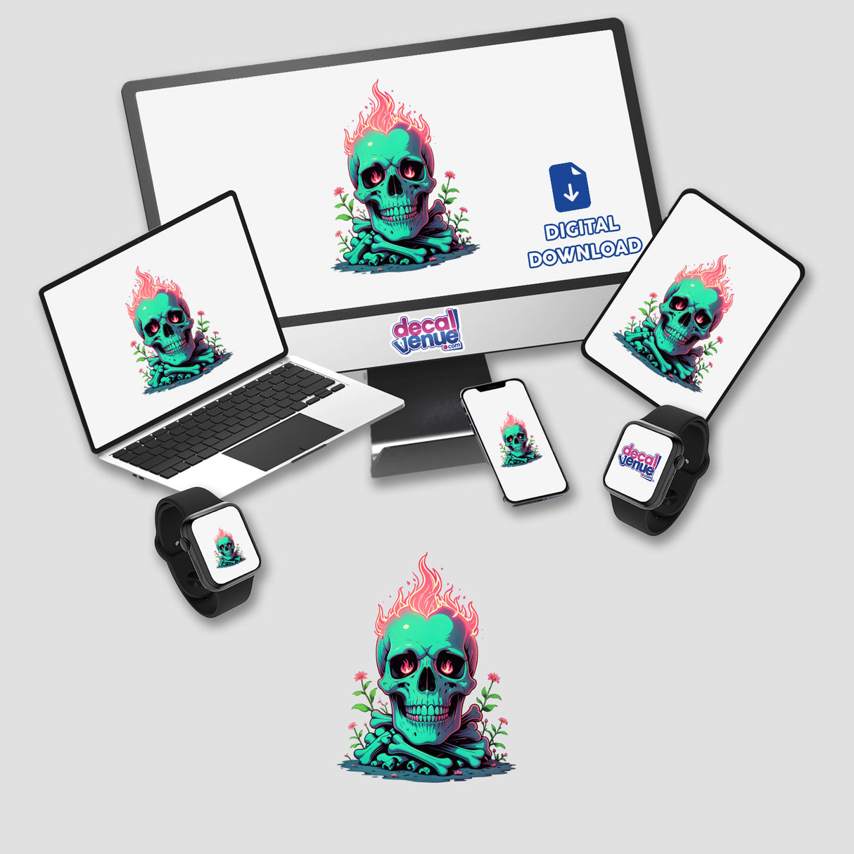 A Skull And Bones On Fire artwork featuring a flaming skull on a laptop and phone screen, embodying edgy design and individuality, ideal for stickers or digital art at Decal Venue.