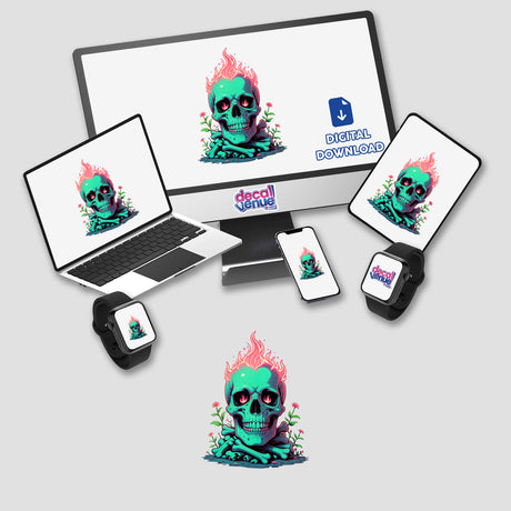A Skull And Bones On Fire artwork featuring a flaming skull on a laptop and phone screen, embodying edgy design and individuality, ideal for stickers or digital art at Decal Venue.