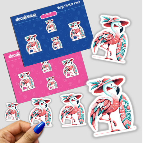 Flamingo in Summer Beach Hat with Surfboard